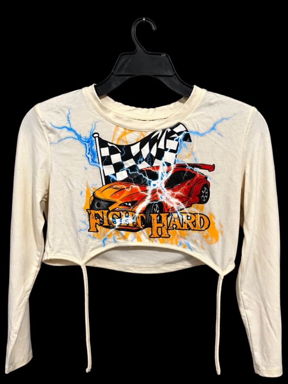Cream Long-Sleeve Cropped Top with Racing Graphic